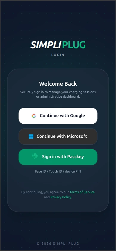 SimpliPlug main login screen showing Google, Microsoft, and Passkey sign-in buttons