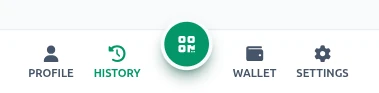 Bottom navigation bar showing Profile, History, QR Scanner, Wallet, and Settings