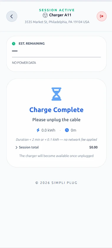 Charge Complete screen prompting driver to unplug cable and displaying itemized session total