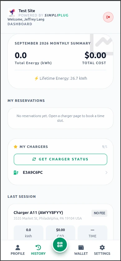 SimpliPlug Dashboard overview displaying monthly kWh summary, saved chargers, and recent charging activity