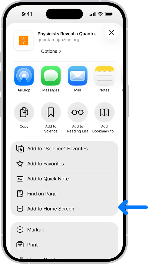 In Safari, the Share button on a website has been tapped, displaying a list of options, including Add to Home Screen