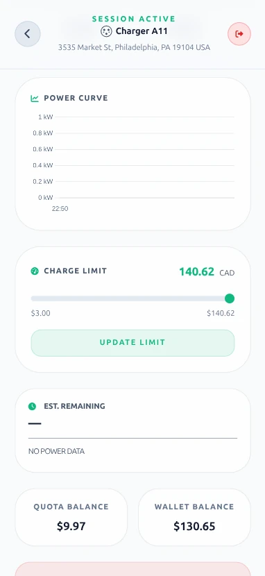 Live charging session telemetry continued, showing the power curve chart