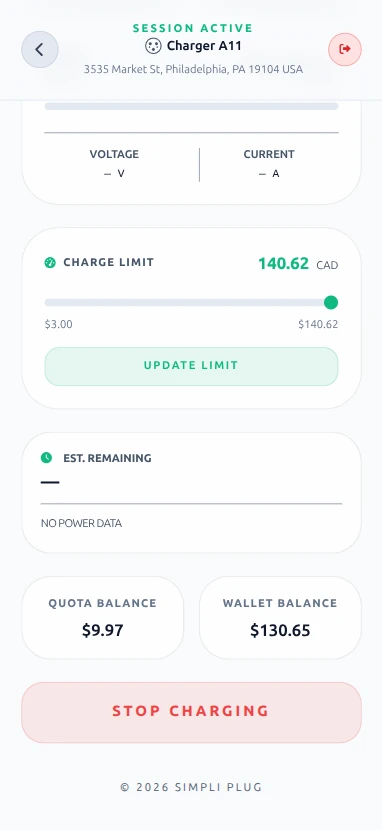 Live charging session just started, showing the charge limit slider, balances, and stop charging button