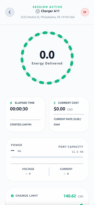 Live charging session just started, showing zero energy delivered, elapsed time, and current cost