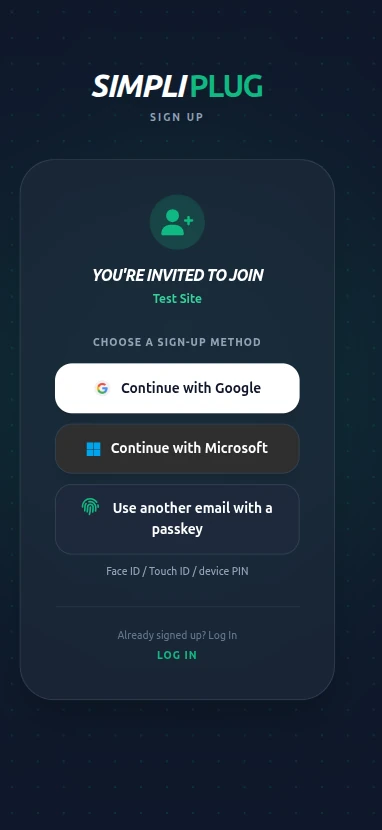 Organization invitation sign-up interface highlighting the Use another email with a passkey option