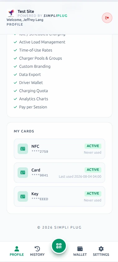 My Cards profile section continued, listing further assigned NFC tags, RFID cards, and key fobs
