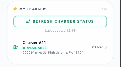 My Chargers module displaying saved station name, power rating, address, and Refresh Charger Status button