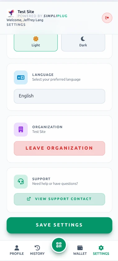 Settings Page bottom section showing organization membership and support contact options