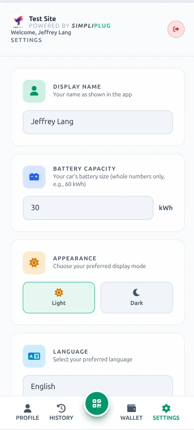 Settings Page top section showing display name, vehicle battery capacity, appearance, and language preferences
