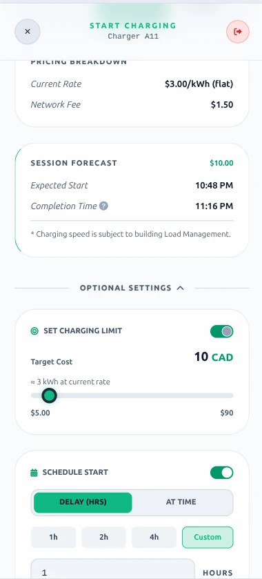 Start Charging screen continued, showing optional pre-session configurations and the start control