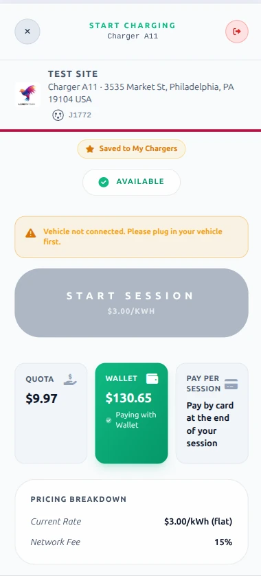 Start Charging screen showing charger details, payment source options, and pricing breakdown