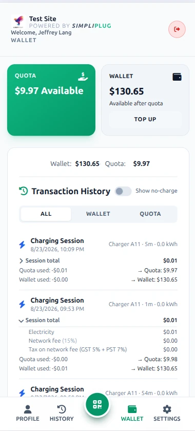 Wallet Page overview showing Quota, Wallet, and Pay per Session payment method cards with balances